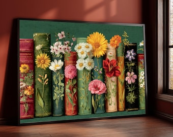 Vintage Floral Bookshelf Canvas, Rustic Library Wall Art