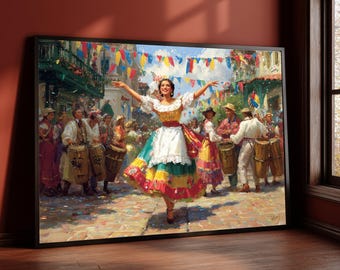 May include: A framed painting depicts a vibrant street scene with a woman in a colorful dress dancing joyfully. Musicians play drums, and colorful flags decorate the buildings. The artwork captures a festive atmosphere with bright colors and lively movement.