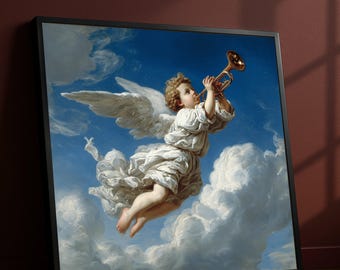 Lienzo con un querubín angelical tocando la trompeta, decoración religiosa para pared, pintura de paisaje celestial, impresión espiritual, decoración del hogar