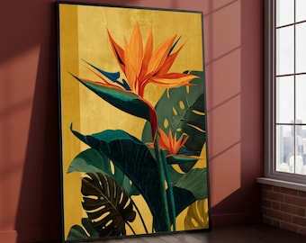 Impresión en lienzo de Ave del Paraíso, arte mural botánico tropical