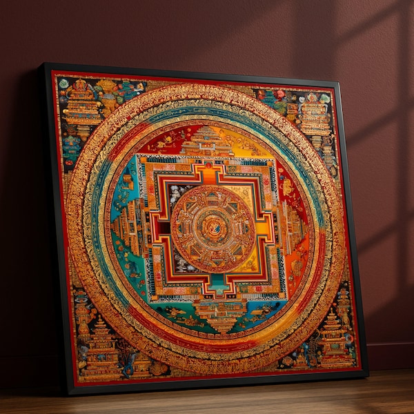 Livfull tibetansk mandala-canvas, spirituell väggkonst, invecklad buddhistisk design, färgglad meditationsdekor, canvaskonst med helig geometri