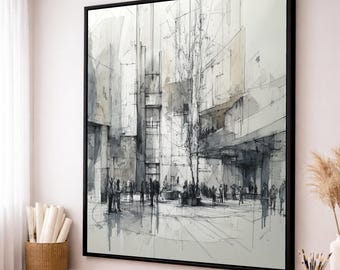 May include: Black framed art print of an architectural sketch in shades of gray and beige. The artwork depicts a city scene with buildings, a tree, and figures. The style is reminiscent of a pencil drawing.