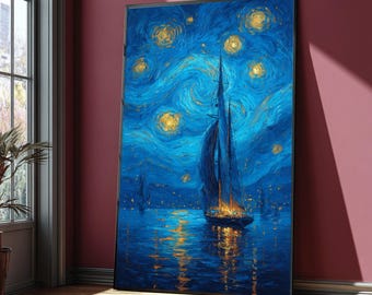 Canvas Sterrennacht zeilboot, Van Gogh kunst aan de muur, blauwe oceaan nachtlandschap, nautisch canvas decor, verlichte boot schilderij