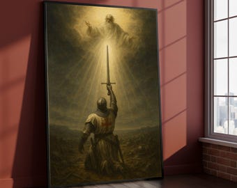 Knight in Prayer Canvas, Medieval Crusader Wall Art, Religious Home Decor