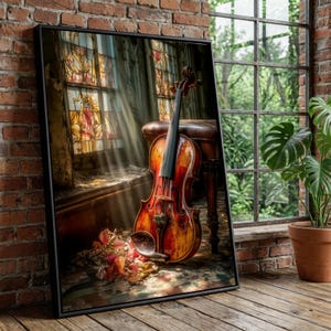 May include: A framed print featuring a violin resting against a stool, illuminated by sunlight streaming through a stained-glass window. The violin is a warm reddish-brown hue, with a dark fingerboard. A small bouquet of autumn leaves lies on the floor.