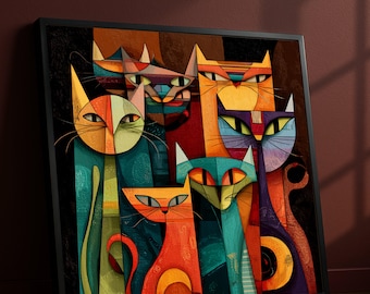 May include: A framed art print depicting a group of stylized cats. The artwork uses geometric shapes and vibrant colours, including orange, teal, yellow, and purple. The cats have distinct facial features and are arranged in a close-knit composition, creating a modern and artistic aesthetic.