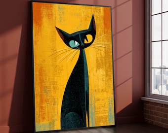 Stampa su tela moderna di gatto nero, silhouette astratta, arte rustica gialla