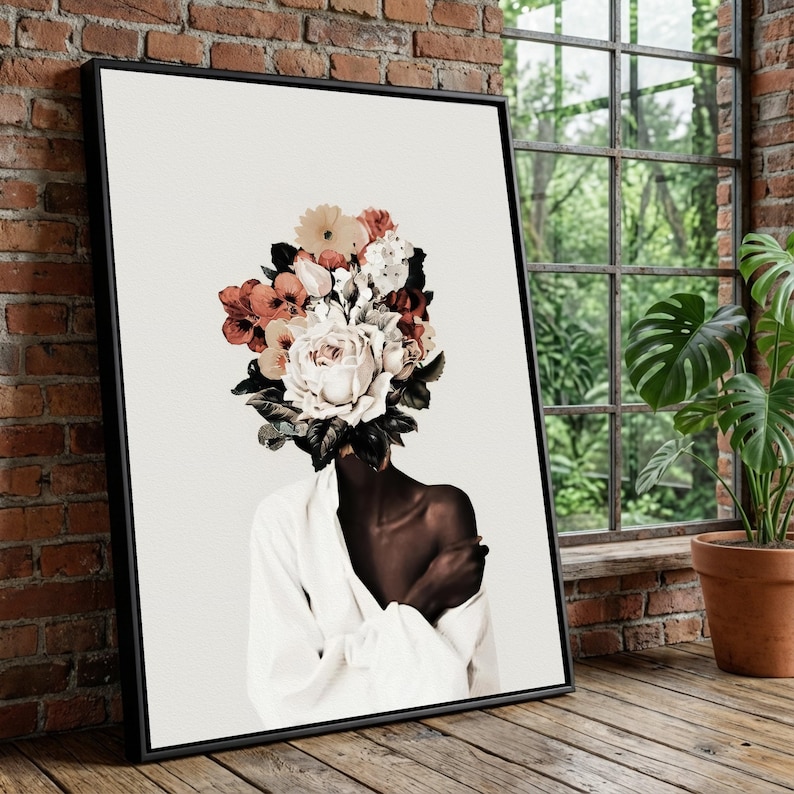 Elegant Floral Portrait Canvas, Modern Abstract Wall Art, Woman With ...