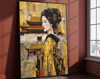 Elegant canvas geishaportret, gouden kimono, Aziatische muurkunst