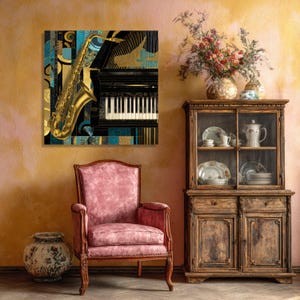 Jazz Instruments Canvas, Saxophone and Piano Wall Art, Music Decor Canvas, Gold Blue Abstract Art, Instrumental Music Canvas image 7