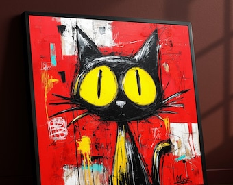 Abstract Black Cat Canvas Art, Yellow Eyes on Red, Ready to Hang