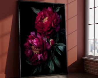 Puede incluir: Impresión artística enmarcada con dos vibrantes peonías de color rojo intenso sobre un fondo negro. Las flores tienen pétalos texturizados con centros amarillos y están rodeadas de hojas de color verde oscuro. La obra de arte se muestra en un marco negro.