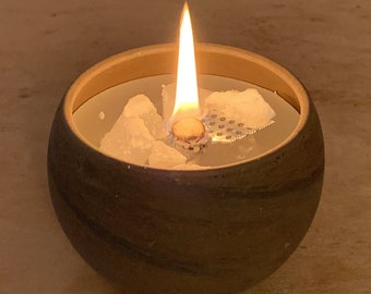 Schmelzlicht Wachsfresser Schmelzkerze Tischfeuer Wachsrecycling für den Innenbereich im basalt dunkelgr.bauchigen Tontopf Ø 7,4cm x H 6,3cm
