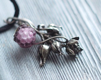 Lampwork raspberry necklace Violet raspberry pendant Silver color necklace Elven jewelry necklace Botanical eco necklace