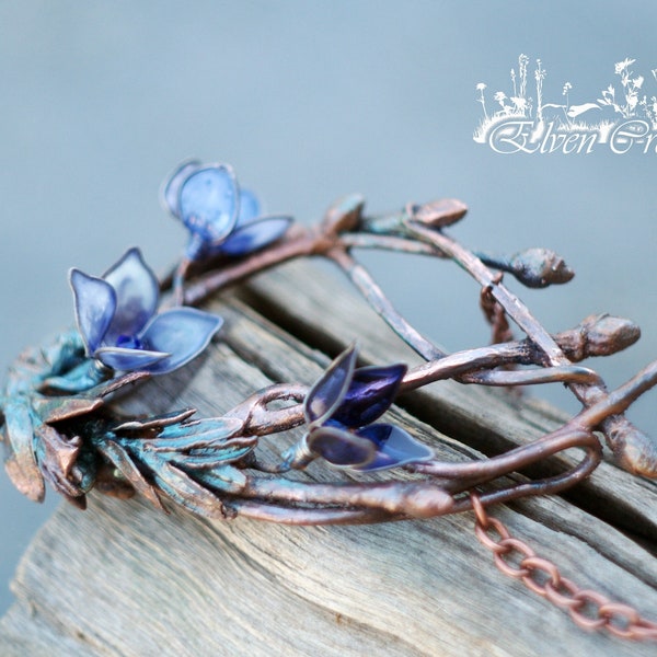 Twig necklace Blue flower modern necklace Elven jewelry Forest style Branch necklace Lucite necklace Woodland wedding Enchanted forest