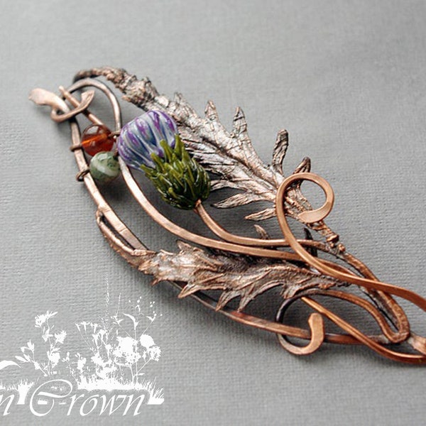 Thistle copper brooch Fibula brooch Nordic style thistle brooch for knitted wear Scarf pin or Shawl pin Scottish thistlefibula  brooch