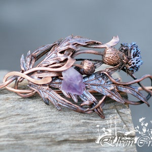 Amethyst thistle brooch copper fibula pin for tartan scarf or shawl clasp