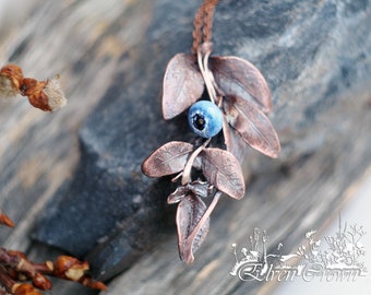 Forrest blueberry necklace Copper leaf pendant Murano glass berry Copper electroforming necklace