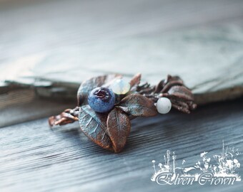 Frozen blueberry broosh Copper leaf brooch with enamel and murano glass berry