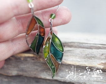 Stained glass earrings Dangle earrings Lightweight earrings Color glass leaf earrings Forest jewelry Leaf elven jewelry