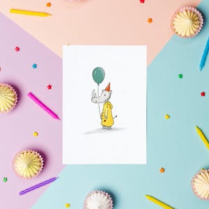 Rinoceronte con impermeable / Tarjeta de cumpleaños para niños / Tarjeta con linda ilustración de animal para cumpleaños de niños