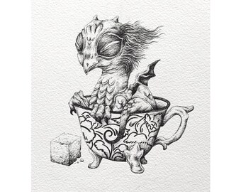 Baby dragon in a teacup, original ink drawing