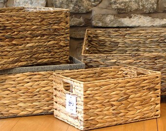 Deep Natural and Grey Water Hyacinth baskets. For storage and organiser.  edges. Bathroom shelf bookcase makeup kitchen