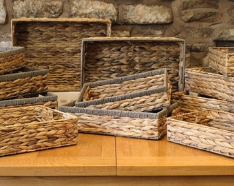 Natural and Grey Water Hyacinth tray baskets. For storage and organiser.  edges. Bathroom shelf bookcase makeup kitchen