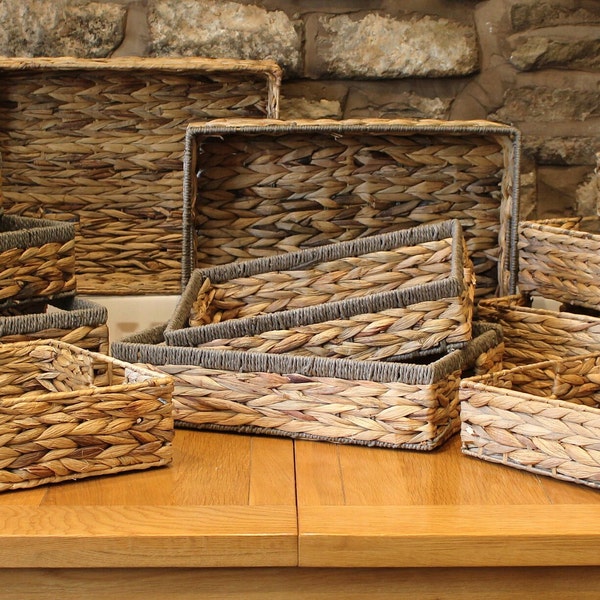 Natural and Grey Water Hyacinth tray baskets. For storage and organiser.  edges. Bathroom shelf bookcase makeup kitchen