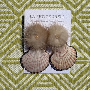 Fur Ball Stud Shell Earrings: Coastal Beach Wedding Jewelry