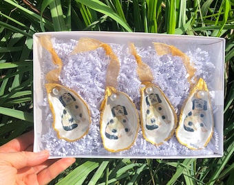 Staffordshire Dog Christmas Ornament: Hand-Painted Oyster Shell Set