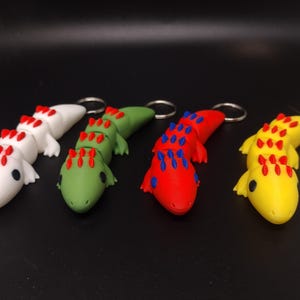 May include: Five colorful lizard keychains with red, blue, green, yellow, and white accents. Each keychain has a silver ring.
