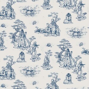 May include: A blue and white toile-style pattern featuring Star Wars characters like Darth Vader, Chewbacca, and Stormtroopers. The pattern also includes AT-AT walkers, R2-D2, and other iconic elements from the Star Wars universe.