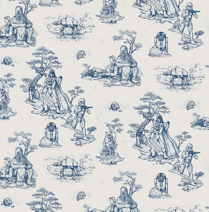 May include: A blue and white toile-style pattern featuring Star Wars characters like Darth Vader, Chewbacca, and Stormtroopers. The pattern also includes AT-AT walkers, R2-D2, and other iconic elements from the Star Wars universe.