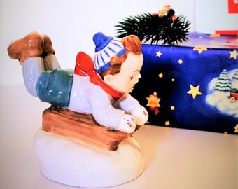 XRESERVED for JoséX Elly Strobach König - Royal Dux Porcelain: Boy sledding, hand-painted