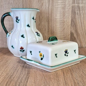 Gmundner ceramic jug and butter dish, scattered flowers pattern, handmade, hand-painted