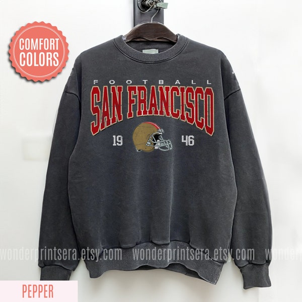 Sudadera de colores cómodos de estilo vintage de fútbol de San Francisco, camiseta de fútbol de San Francisco, cuello redondo de fútbol de San Francisco FND6