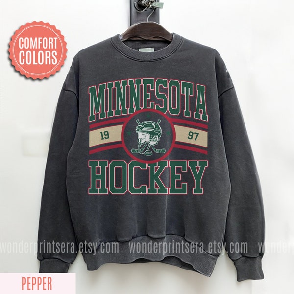 Hockey Minnesota vintage Style Comfort Colors Sweatshirt, Minnesota Wil Tshirt, Cadeau de fan de hockey sur glace, Retro Minnesota Ice Hockey Crewneck #H10