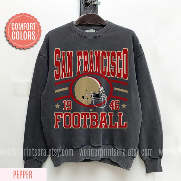 Sudadera de colores cómodos de estilo vintage de fútbol de San Francisco, camiseta de fútbol de San Francisco, cuello redondo de fútbol de San Francisco FMV6