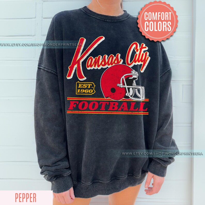 Vintage Style Kansas City Football Comfort Colors Crewneck Sweatshirt,Kansas City Football Sweatshirt,Womens Men Kansas City Shirt Gift FGC8 image 2