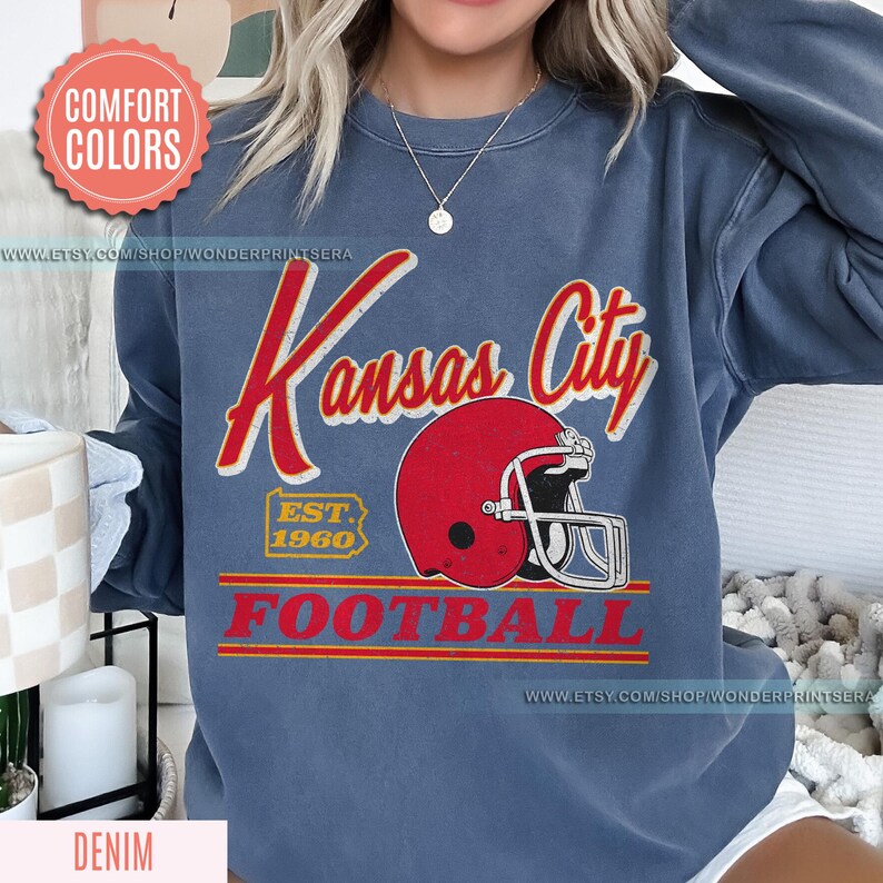 Vintage Style Kansas City Football Comfort Colors Crewneck Sweatshirt,Kansas City Football Sweatshirt,Womens Men Kansas City Shirt Gift FGC8 image 5