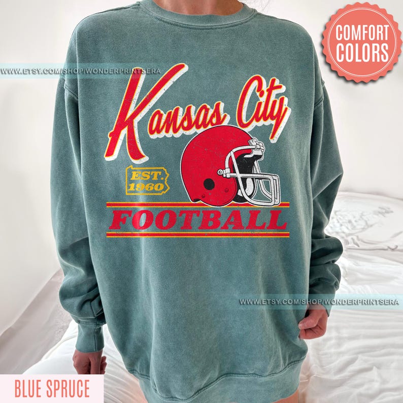 Vintage Style Kansas City Football Comfort Colors Crewneck Sweatshirt,Kansas City Football Sweatshirt,Womens Men Kansas City Shirt Gift FGC8 image 6