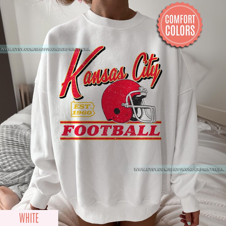 Vintage Style Kansas City Football Comfort Colors Crewneck Sweatshirt,Kansas City Football Sweatshirt,Womens Men Kansas City Shirt Gift FGC8 image 3