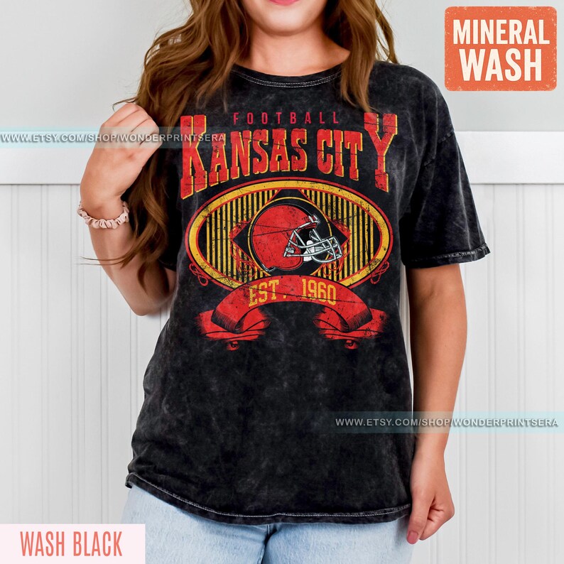 Kansas City Football Mineral Wash Vintage Style T-Shirt, Kansas City Football Crewneck, Football T-Shirt, Kansas City Fan Gifts FAR8 image 2