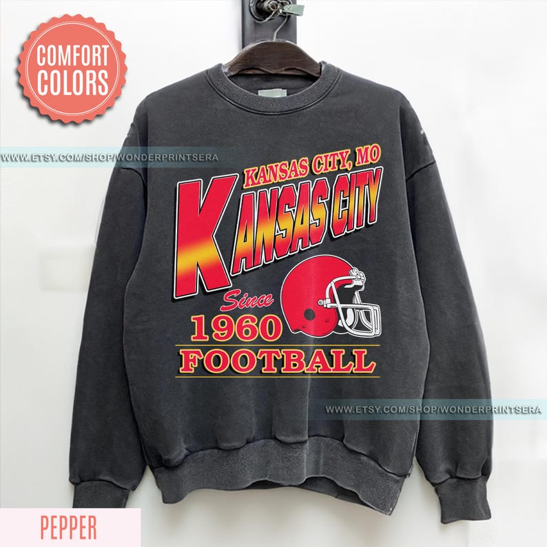 Vintage Style Kansas City Football Comfort Colors Crewneck Sweatshirt,Kansas City Football Sweatshirt,Womens Men Kansas City Shirt Gift FJK8 image 1