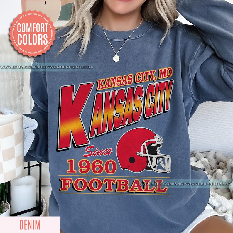 Vintage Style Kansas City Football Comfort Colors Crewneck Sweatshirt,Kansas City Football Sweatshirt,Womens Men Kansas City Shirt Gift FJK8 image 5
