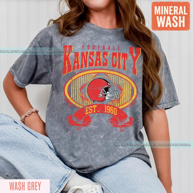 Kansas City Football Mineral Wash Vintage Style T-Shirt, Kansas City Football Crewneck, Football T-Shirt, Kansas City Fan Gifts FAR8 image 3