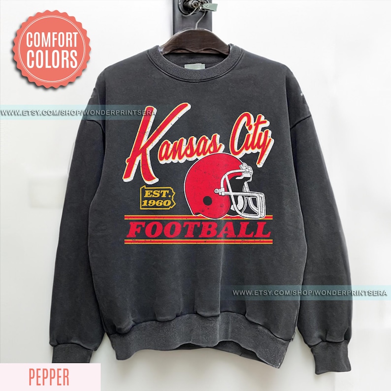 Vintage Style Kansas City Football Comfort Colors Crewneck Sweatshirt,Kansas City Football Sweatshirt,Womens Men Kansas City Shirt Gift FGC8 image 1