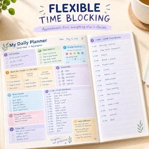 Può includere: Un'agenda giornaliera aperta con sezioni color pastello per priorità, attività e blocchi temporali. La pagina presenta intestazioni come My Daily Planner, 3 Priorities e 7 AM - 10 PM Time Blocks, con voci scritte a mano e caselle di controllo.