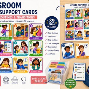 May include: A set of 39 classroom visual support cards for everyday routines and transitions, featuring colourful illustrations of children performing tasks like arriving at school, checking schedules, and asking for help, with a storage bin and checklist.